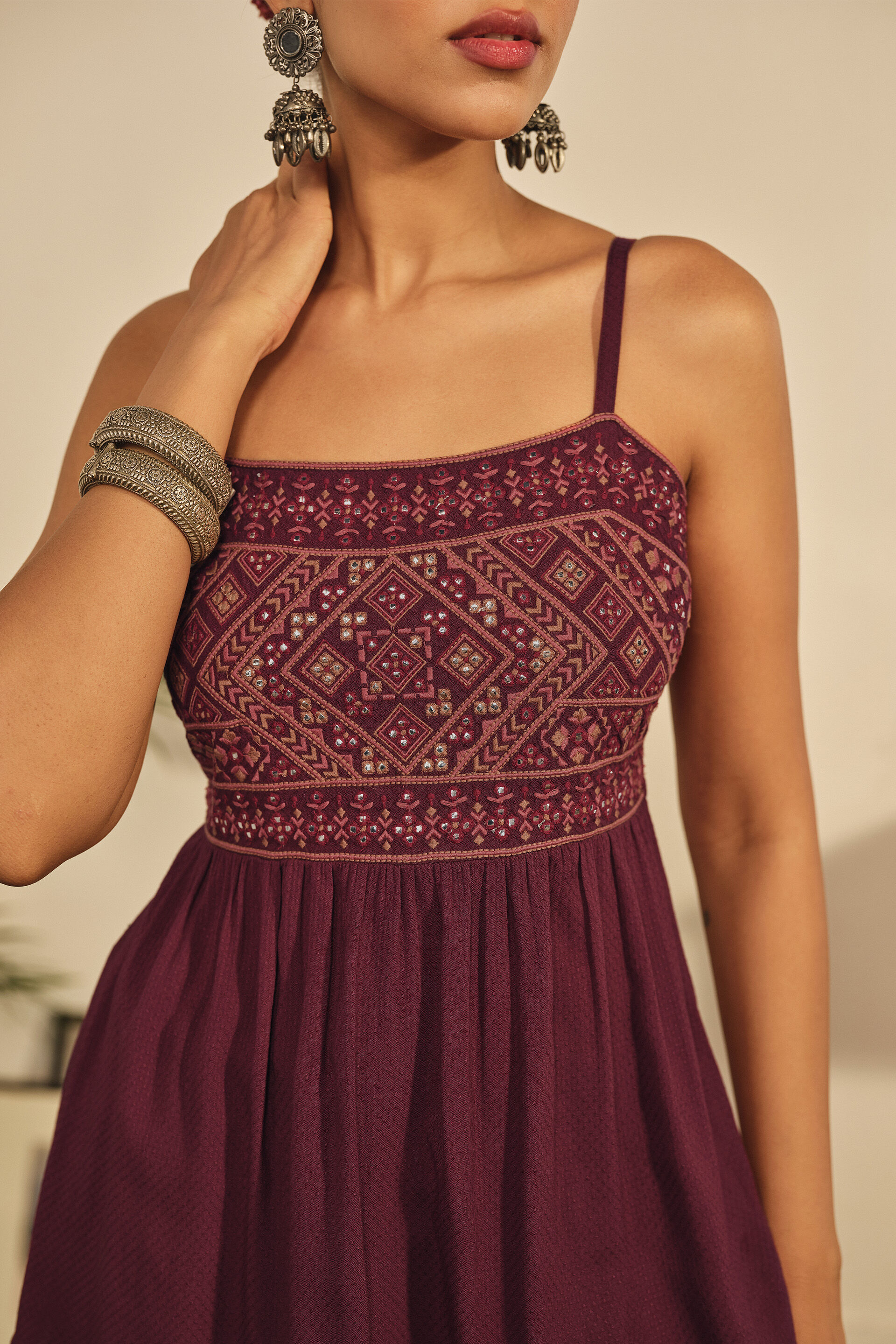 Embroidered Strappy Peplum Top in Wine, Wine, image 2